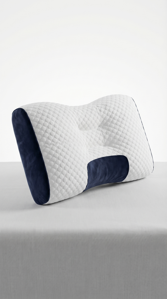 White and navy pillow on a light gray surface with a white background